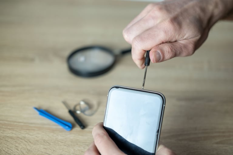 Technician repairing smartphone with precision tools